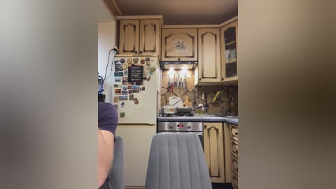 Video of a cozy kitchen with light wooden cabinets, a fridge covered in magnets, a grey chair, and a person wearing a black shirt and hat.