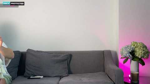 Video of a minimalist living room with a grey couch, a person in a light shirt, and a vase of hydrangeas on a side table.