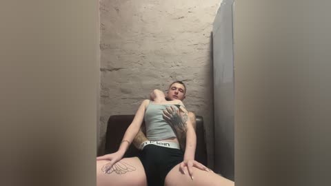 A video of a young woman with light skin, short blonde hair, and tattoos, wearing a grey crop top and black Calvin Klein underwear, reclining against a beige brick wall.