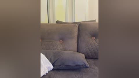 A video of a cozy living room featuring a plush, gray sectional couch with diamond-shaped tufted cushions and beige piping, adorned with white pillows, set against a backdrop of light-colored walls and glass-paneled sliding doors.