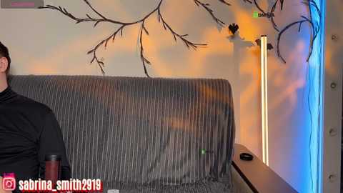 Video of a man in a black shirt, sitting on a gray, textured couch with a beige wall adorned with minimalist, branch-like decor. A black remote and a cup are visible.