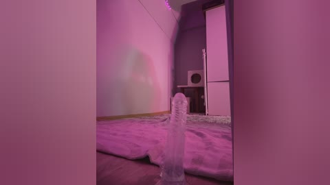 Video of a dimly lit room with pink and purple lighting, featuring a clear, see-through dildo on a gray rug, a white cat scratching post, and a white refrigerator in the background.