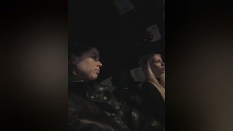 Video of a dimly lit movie theater showing a close-up of two people sitting side by side, wearing black jackets, focusing intently on the screen.