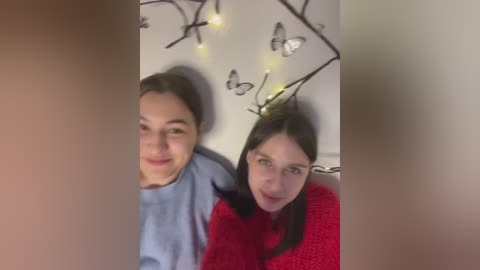 Video of two young girls with fair skin and dark hair, smiling, wearing light blue and red sweaters, against a wall with butterfly and branch decor.