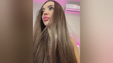Video of a woman with long, straight, dark brown hair, fair skin, full lips, and prominent eyebrows, in a room with a pink-painted wall and an air conditioning unit.