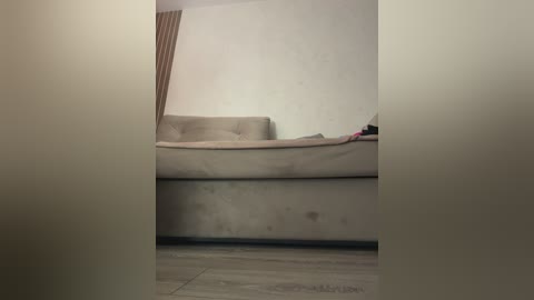 Video of a beige sectional sofa against a light beige wall, with a vertical wooden blind partially covering the left side. The floor is tiled in a neutral shade.