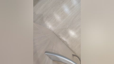 A close-up video of a modern, sleek, silver metal railing on a wooden staircase. The wood has a light, natural grain texture and a warm tone, creating a smooth and polished surface. The image is slightly blurred, emphasizing the minimalist and contemporary design.