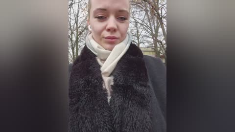 Video of a young woman with light skin and short hair, wearing a black fur scarf and beige turtleneck sweater, standing outdoors among bare trees in winter.