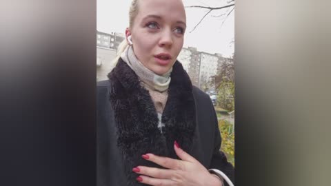 Video of a blonde woman with fair skin, wearing a black coat with a fur-trimmed collar, and a beige scarf, standing outdoors, looking thoughtful. Background shows blurred buildings and trees.