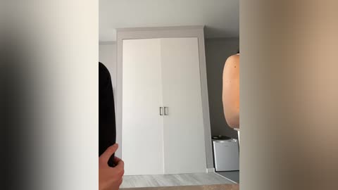 Video of a minimalist bedroom with a person holding a black dildo, a white closet with gray trim, and a round, beige lamp on the right.