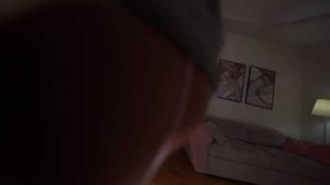 A blurry video of a dimly lit bedroom with a person's back, a bed, and two abstract wall paintings. The scene is intimate and softly lit.