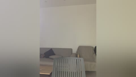 Video of a dimly lit, minimalist living room with a beige sofa, pillows, and a white chair, partially obscured by a vertical blind.