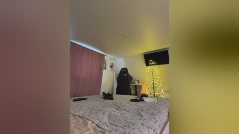 A video of a dimly lit bedroom with a bed, black Darth Vader statue, a lit Christmas tree, and a TV mounted on the wall.