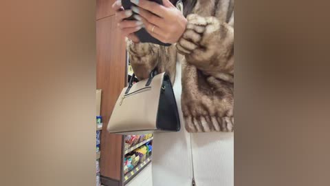 Video of a person with light skin, holding a beige and black handbag, wearing a fur-lined coat and white pants, inside a grocery store with shelves visible in the background.