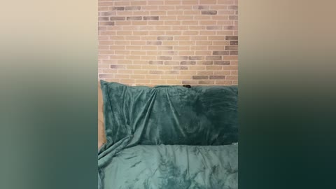 A video of a plush, teal velvet sofa against a backdrop of a beige brick wall, creating a striking contrast. The sofa is slightly crumpled, adding a cozy texture to the scene.