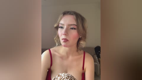 Video of a young Caucasian woman with wavy blonde hair, wearing a red bra, sitting indoors. She has a neutral expression, with makeup emphasizing her eyes. The background is blurry, featuring a beige couch.