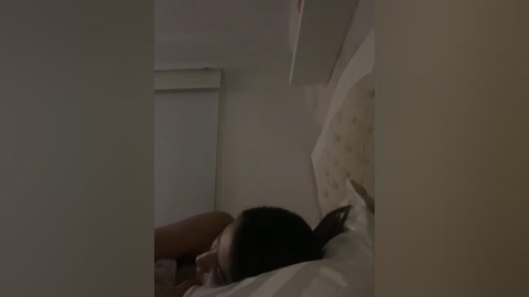 A dimly lit video shows a young woman with long black hair lying on a bed with white sheets, partially covered by a blanket. The room has a minimalist, muted color palette with soft, diffused light.