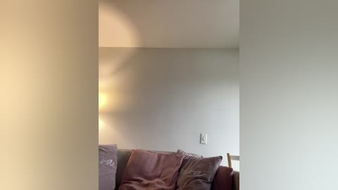 A video of a modern living room with a beige wall and a brown leather couch adorned with purple cushions. A soft, warm light casts a shadow of a person on the wall, creating an ethereal, slightly mysterious ambiance.