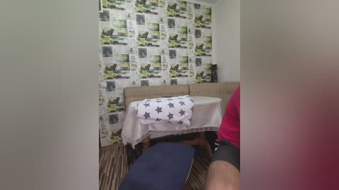 Video of a cozy, wallpapered room with a beige couch, a blanket with blue stars, and a person sitting on a striped carpet.