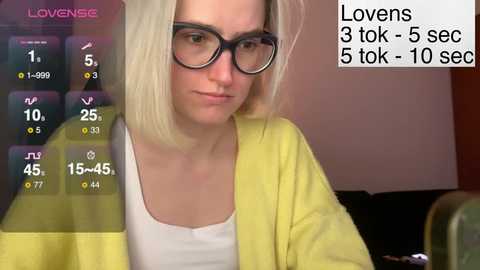 Video of a blonde woman with glasses, wearing a yellow cardigan over a white tank top, sitting indoors. Background shows a dimly lit room.