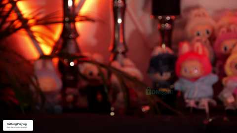 A blurry video of a dimly lit room with plush toys and a lamp casting warm, orange light. The image is slightly out of focus, making the details hard to discern.