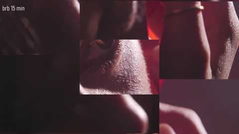 A close-up video featuring a person's nose and lips in a dimly lit room, with a blurred background. The image has a red and purple color scheme, emphasizing the intimate and sensual atmosphere.