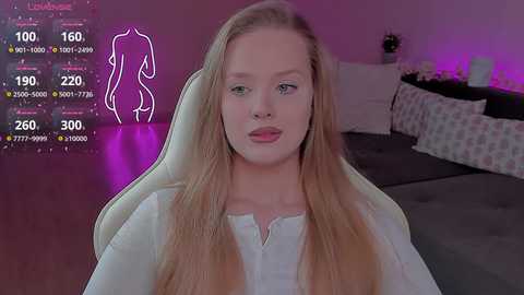 Video of a young, fair-skinned woman with long blonde hair in a white shirt, seated in a purple-lit room, displaying virtual statistics.