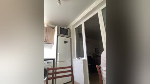 Video of a small, modern apartment kitchen with white cabinets, a fridge, and a wooden chair. The room is bright with natural light streaming in from the adjacent living area.