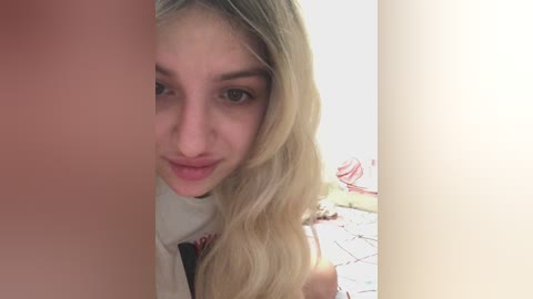 Video of a young, fair-skinned woman with long, wavy blonde hair, partially obscured by a light-colored object, in a room with a bed covered in a white sheet with red designs.