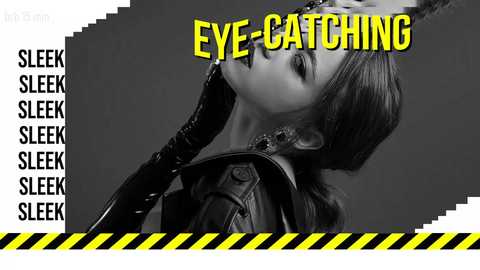 Black-and-white video of a woman with slicked-back hair, wearing a leather jacket, holding a microphone, with bold yellow text \"EYE-CATCHING\" overlaying the image.