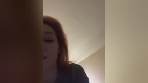 A dimly lit video of a woman with long red hair, partially obscured by a beige wall, appears to be leaning against it.