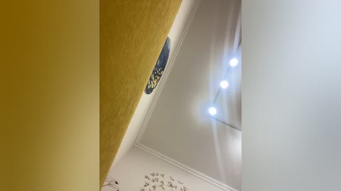 Video of a ceiling corner with a mustard-yellow wall on the left and a white wall on the right. A blue decorative plaque with gold text hangs above the corner. A white ceiling fan with three light bulbs illuminates the room.