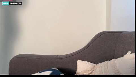 Video of a modern, minimalist living room corner with a gray, curved couch and white pillows, against a plain, off-white wall.