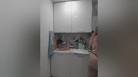 A video of a compact, modern kitchen with white cabinets, a small sink, and a person wearing a pink bikini standing in the doorway.