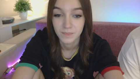 Video of a young woman with long brown hair, wearing a black T-shirt, playing with a hedgehog on a pink sofa in a modern, brightly lit room.