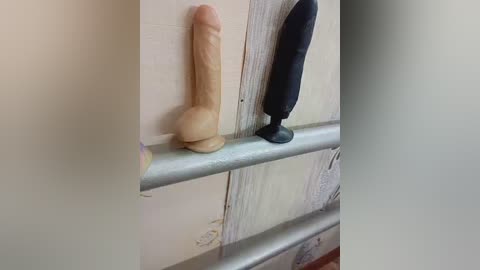 Video of two realistic sex toys: a tan-colored dildo and a black dildo, both mounted on a metal pipe against a peeling white wall.