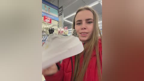 Video of a young blonde woman with fair skin, wearing a red jacket, examining a white shoe in a store. Background shows clothing racks and fluorescent lighting.