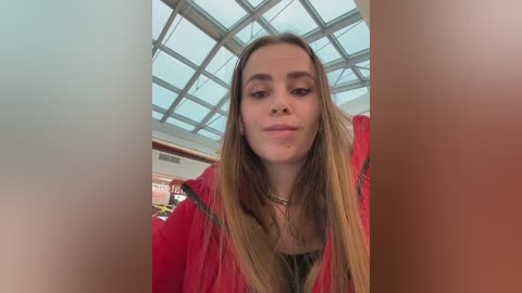 Video of a young woman with long, straight, light brown hair, wearing a red jacket, standing in a modern, glass-enclosed atrium with a skylight ceiling.