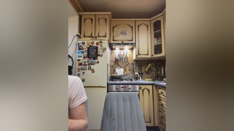 Video of a cozy, vintage kitchen with light wood cabinets, a white fridge covered in magnets, a stove, and a gray chair.