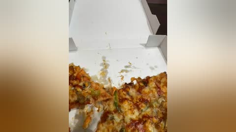 Video of an open pizza box with a half-eaten pizza featuring melted cheese, pepperoni, green bell peppers, and mushrooms, scattered crumbs on the white cardboard.