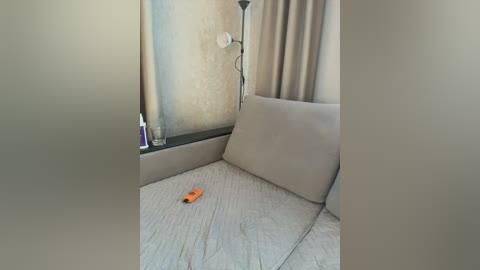 Video of a beige, textured sofa in a dimly lit room, with beige curtains and a tall, white floor lamp with a cylindrical shade. An orange remote control is placed on the sofa.