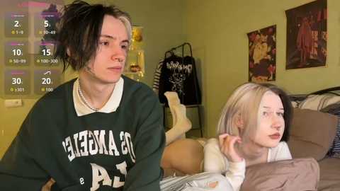 Video of two young people in a bedroom: a pale, dark-haired person in a green hoodie, and a pale, blonde person in a white shirt, lying on a bed.