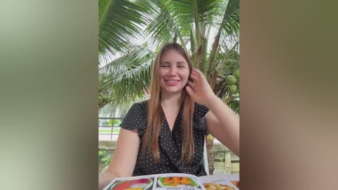 Video of a smiling, fair-skinned woman with long brown hair, wearing a black polka-dot dress, sitting outdoors in a lush, tropical garden with palm trees. She has a casual, friendly demeanor, and is holding a colorful, open menu.
