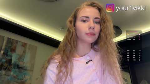 Video of a young, fair-skinned woman with long, wavy blonde hair, wearing a light pink shirt, in a modern, brightly lit room with a large, abstract painting on the wall.