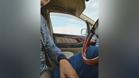 Video of a person sitting in a beige car with a wooden steering wheel, wearing a blue and white striped sweater and blue jeans.