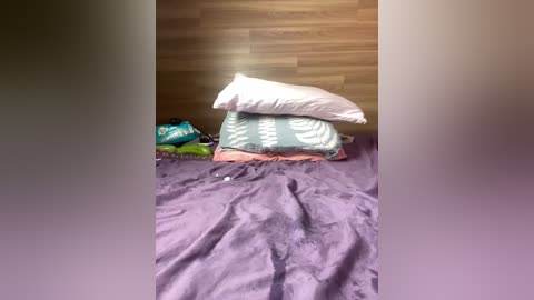 Video of a messy bed with a purple blanket, a white pillow, and a green and white pillow. The background has a wooden wall.