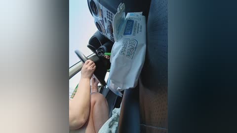 Video of a person wearing a grey dress, seated in a car, holding a black bag, surrounded by grocery bags and a newspaper on a black seat.