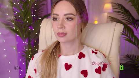 Video of a young woman with fair skin, blonde hair, wearing a white shirt with red heart prints, sitting in a beige chair, with a Christmas tree and festive lights in the background.