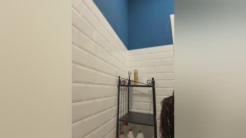 Video of a small, modern bathroom with white subway tiles on the walls, a blue accent wall, and a black metal shelf holding toiletries and a toilet brush.