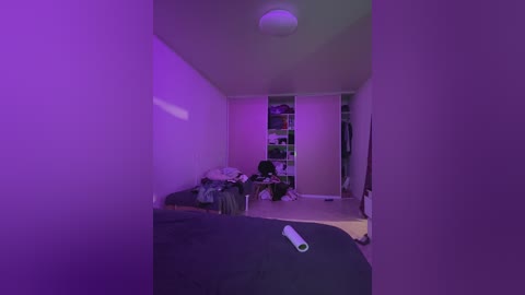 Video of a dimly lit bedroom with purple lighting, showing a messy bed, a closet with clothes, and a white controller on the floor.